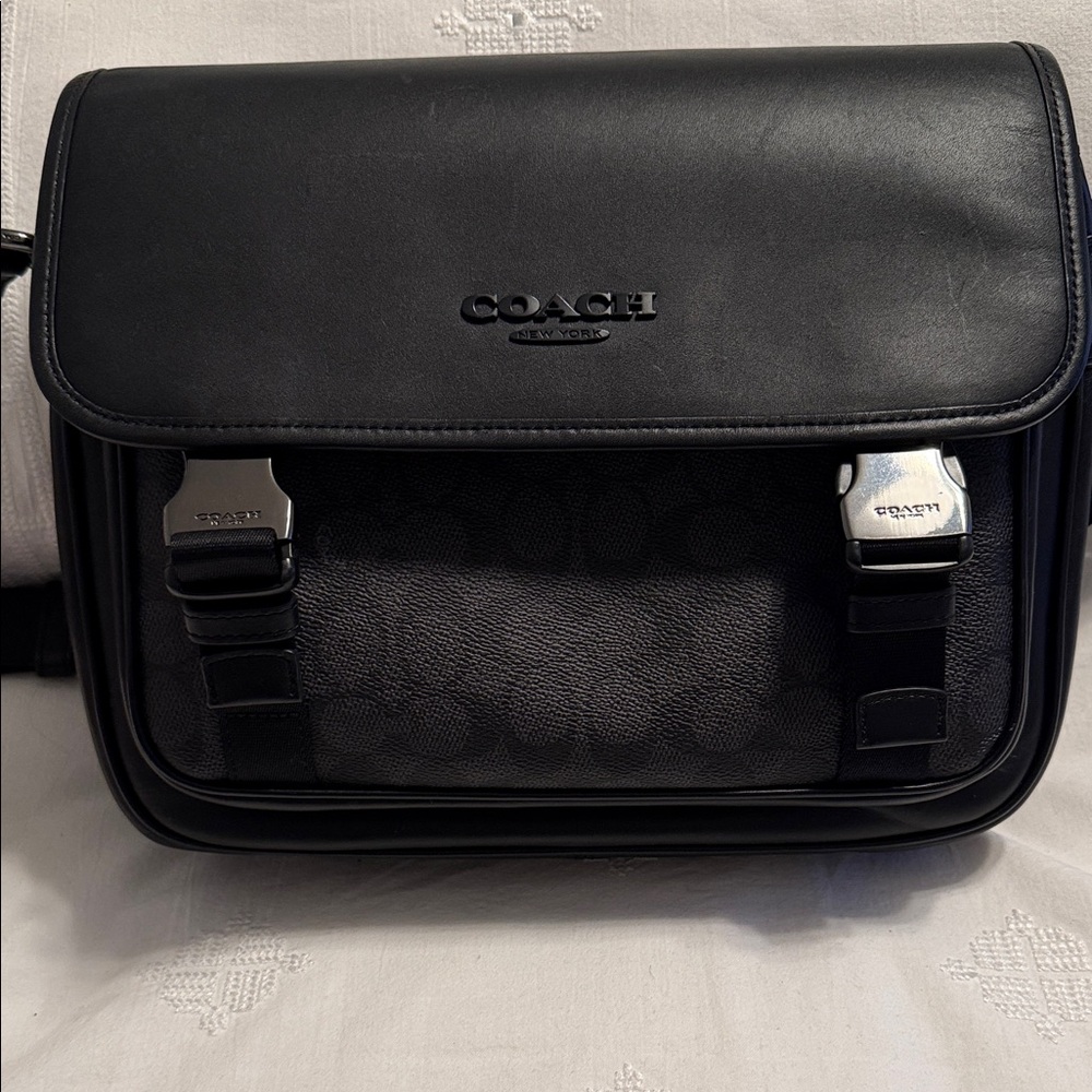 Coach Black Leather Men's Messenger Bag with Buckle Accents